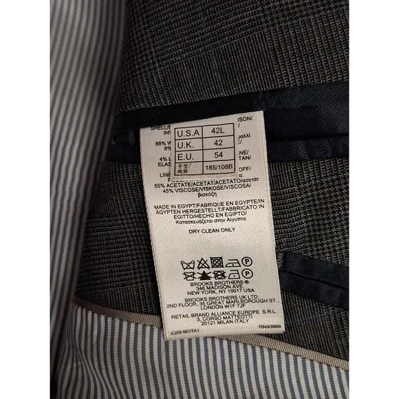 Brooks Brothers Explorer Fitzgerald Suit 42L 40x31 Gray Wool Windowpane 2 Button
